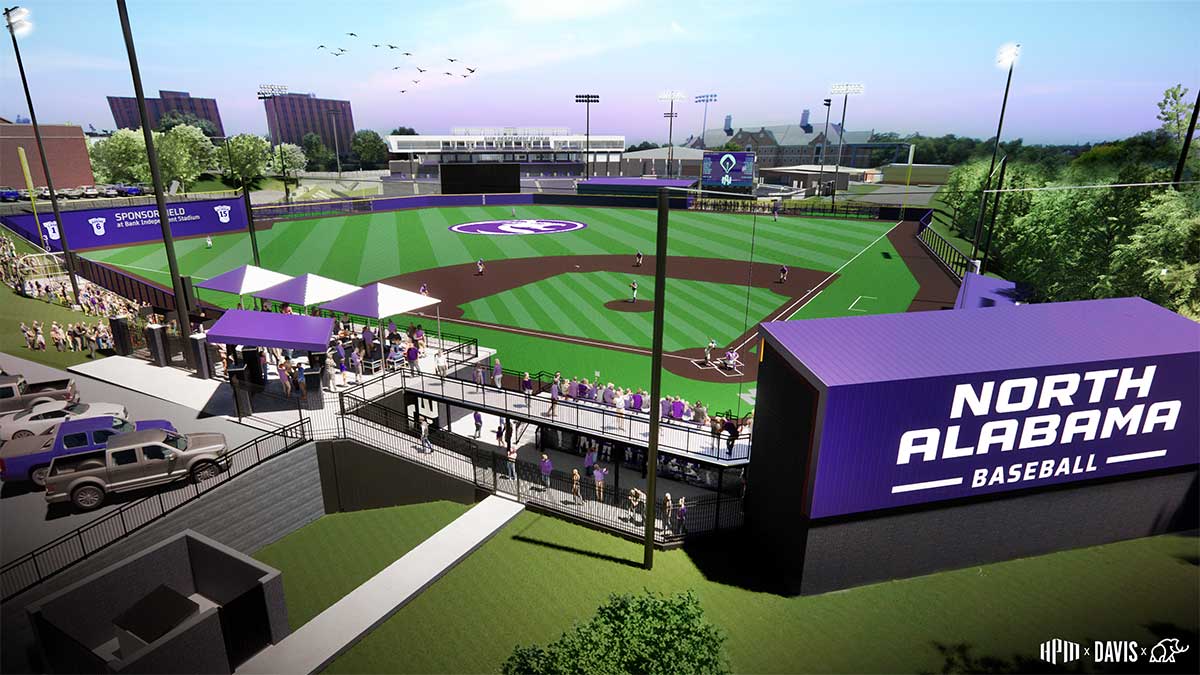 rendering on new baseball stadium as part of Bank Independent Stadium at the University of North Alabama