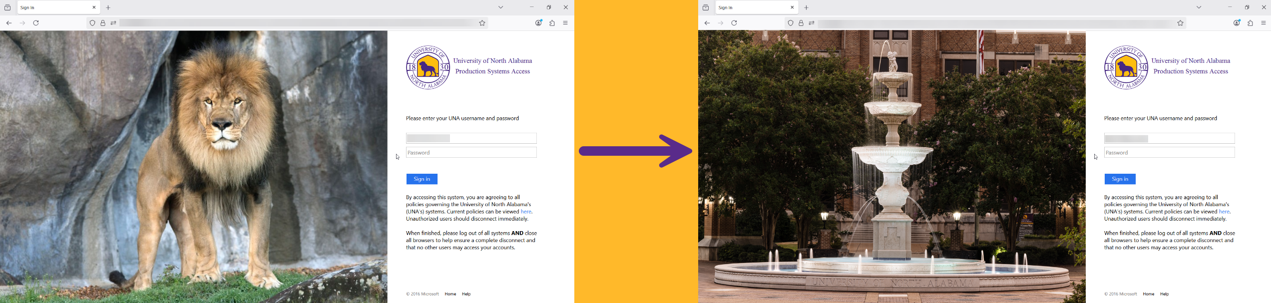 Image showing the old look of the single-sign on login page with an arrow pointing to the new appearance of the login page.
